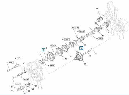 Borgring / vulring tussen versnellings tandwielen Ape50 + ApeTM + Vespacar P2 + Apecar P501-P601