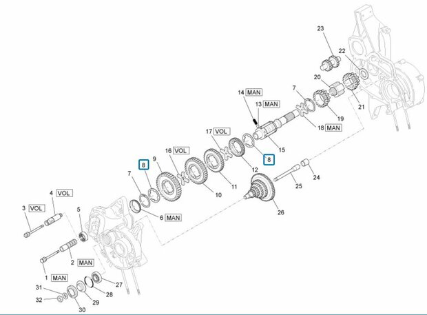 Borgring / vulring tussen versnellings tandwielen Ape50 + ApeTM + Vespacar P2 + Apecar P501-P601