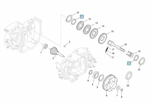 Borgring / vulring tussen versnellings tandwielen Ape50 + ApeTM + Vespacar P2 + Apecar P501-P601