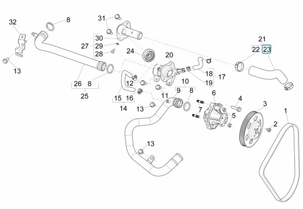 Coolant hose on thermostat housing cover Porter Multitech 1.3 E6 