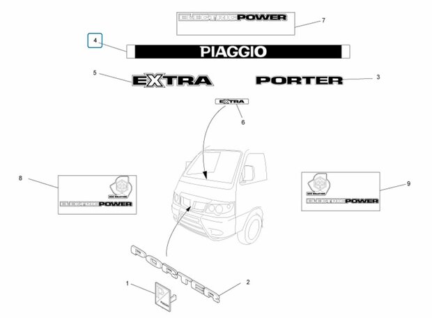 Sticker " Piaggio" op achterklep Porter Kipper